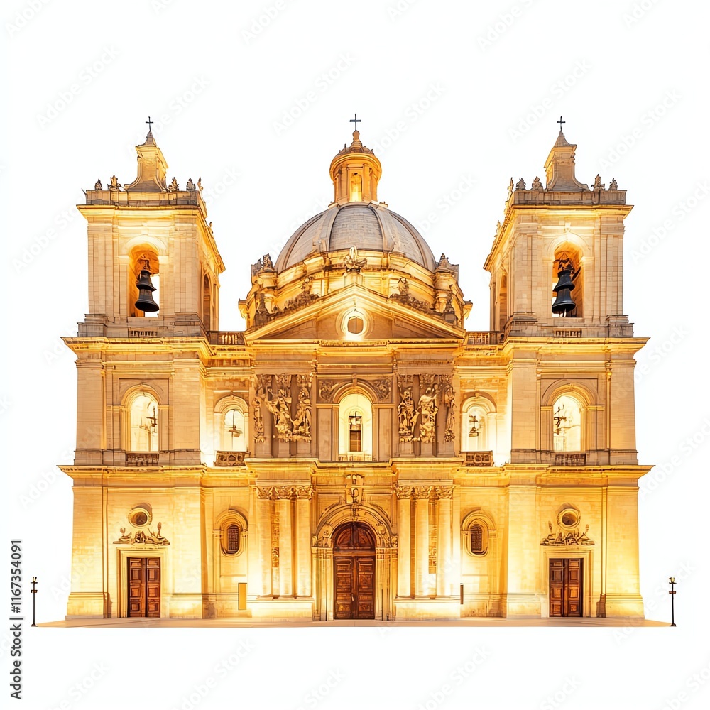 Elegant cathedral facade with stunning architecture, white isolated background. Elegant cathedral facade with stunning architecture, white isolated background.