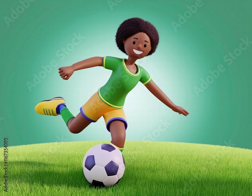 3D cartoon smiling cartoon soccer player kicks a ball across a grassy field