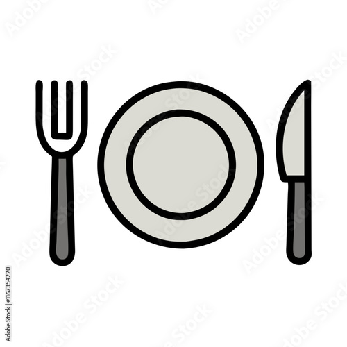 Plate and cutlery icon on white background