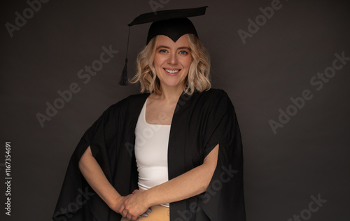 A smiling woman wearing a graduation cap and gown poses confidently against a neutral background, celebrating her academic achievement with a proud and joyful expression. photo