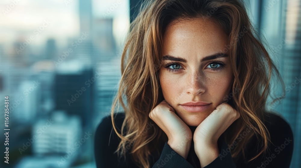 A contemplative woman with a serene expression sits by a large window, resting her chin on her hands, showcasing the bustling cityscape behind her while pondering life. A contemplative woman with a serene expression sits by a large window, resting her chin on her hands, showcasing the bustling cityscape behind her while pondering life.