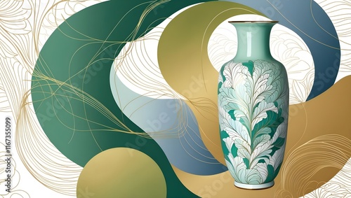 Elegant Chinese Ceramic Vase Design with Gold Accents and Abstract Green Artistic Background - Modern Asian Home Decor Inspiration photo