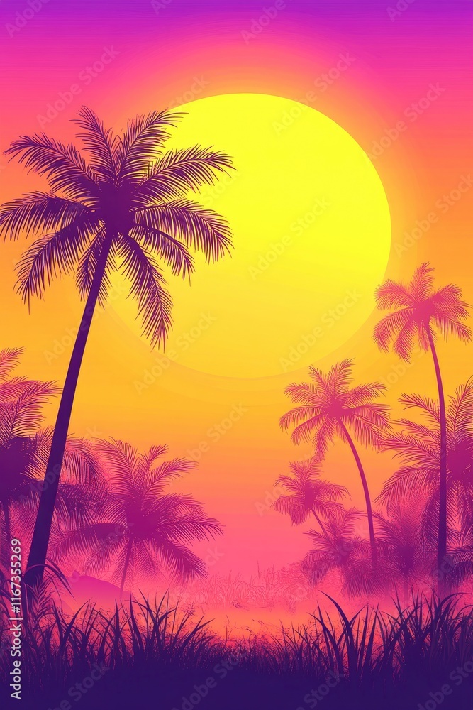 Naklejka premium vibrant sunset background with silhouettes of palm trees