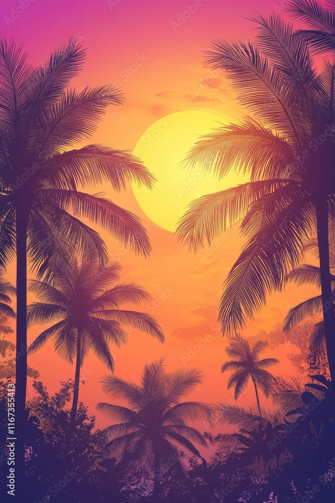 Fototapeta premium vibrant sunset background with silhouettes of palm trees