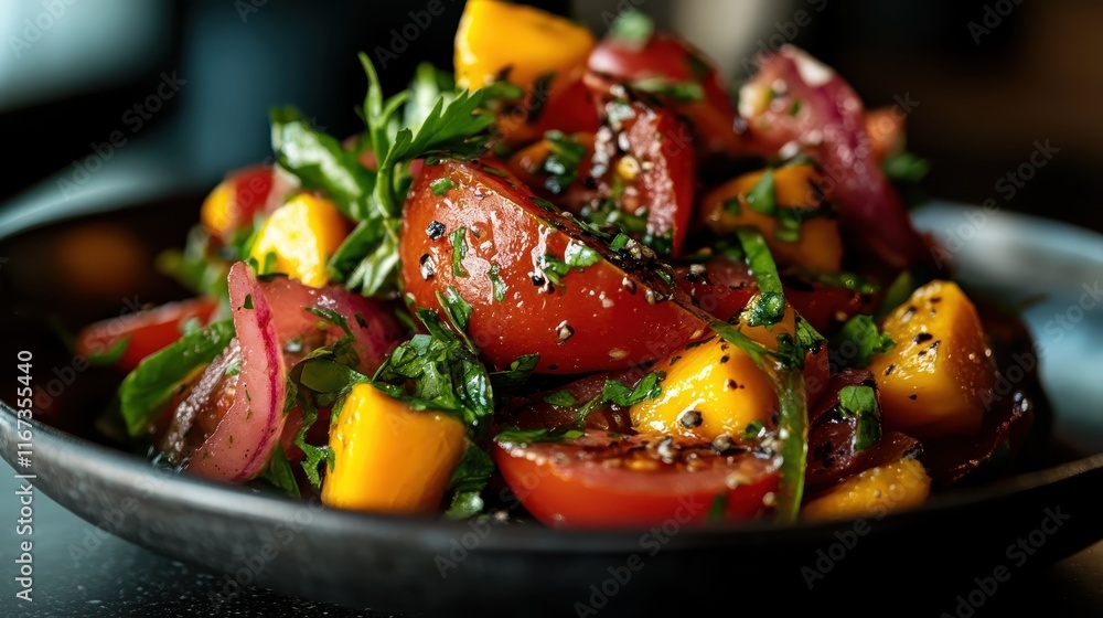 An enticing image showcasing a vibrant salad featuring juicy tomatoes and fresh herbs, perfect for representing healthy culinary choices and summertime meals. An enticing image showcasing a vibrant salad featuring juicy tomatoes and fresh herbs, perfect for representing healthy culinary choices and summertime meals.