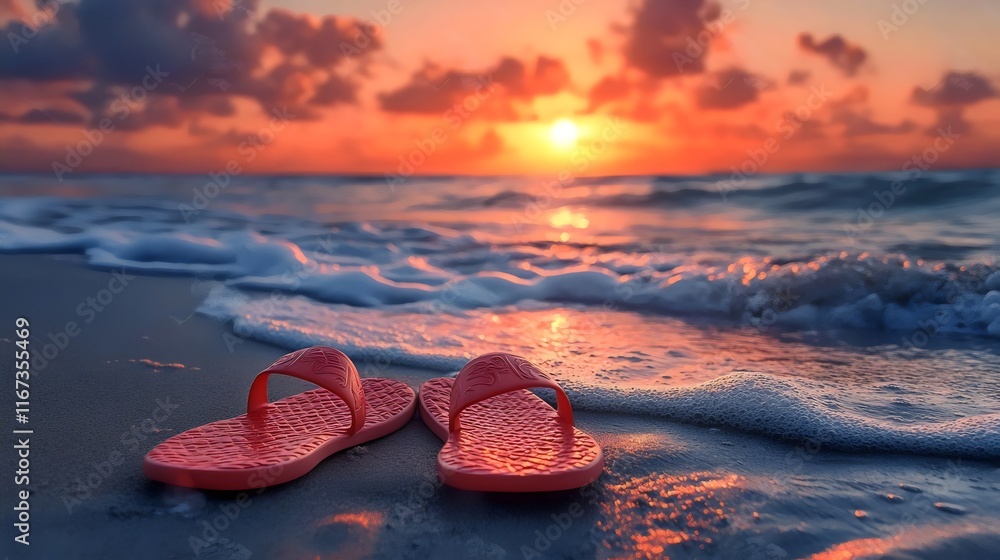 A pair of red flip flops are laying on the beach at sunset A pair of red flip flops are laying on the beach at sunset
