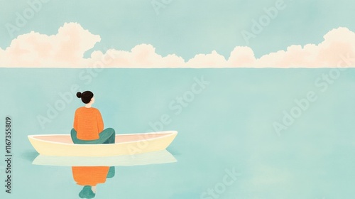 Serene reflection of a woman in a vibrant sweatshirt on calm waters in pastel tones