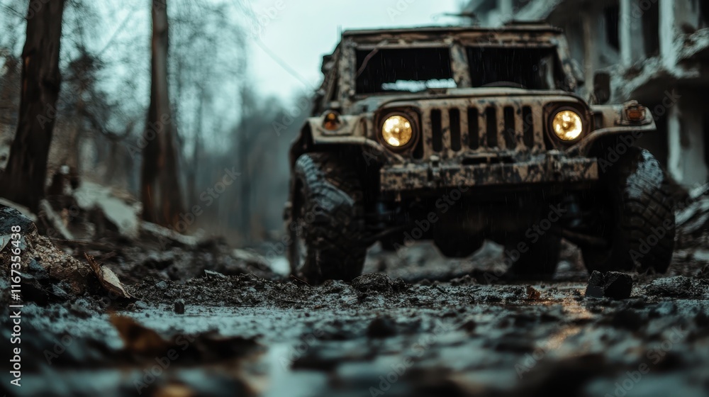A military vehicle sits on a desolate, muddy road, showcasing the harsh realities of an abandoned urban area and inviting reflection on resilience and isolation. A military vehicle sits on a desolate, muddy road, showcasing the harsh realities of an abandoned urban area and inviting reflection on resilience and isolation.