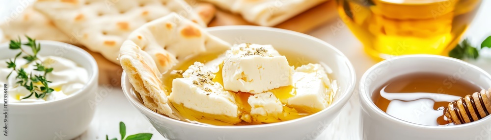 Delicious cheese with honey and herbs, served with bread on a white plate. Delicious cheese with honey and herbs, served with bread on a white plate.