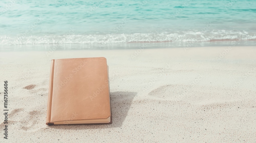 Tranquil Moments: Leather Journal Mockup on Windswept Beach for Mindfulness and Reflection Tranquil Moments: Leather Journal Mockup on Windswept Beach for Mindfulness and Reflection