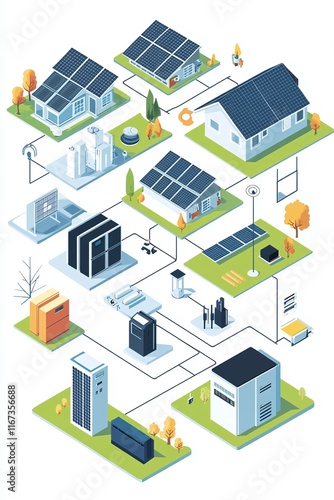 Dynamic infographic showing the components of a home solar power system with storage: panels inverter battery and grid.