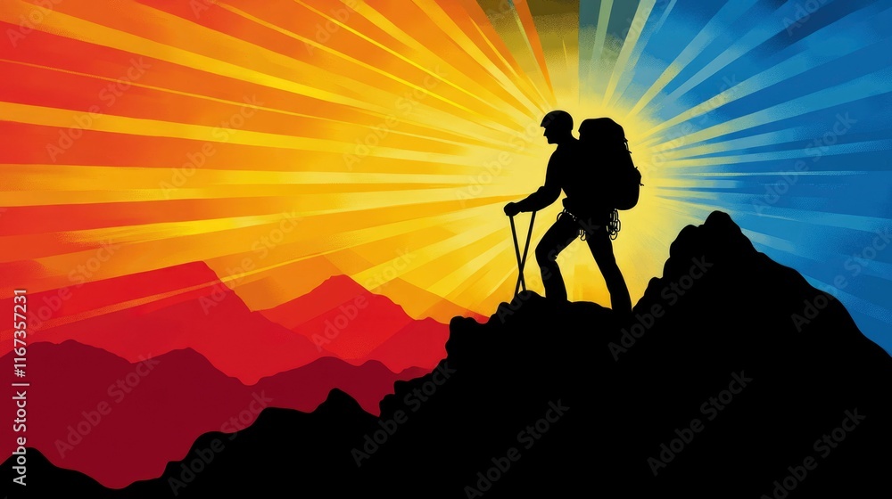 A Silhouetted Climber Reaches A Mountain Summit A Silhouetted Climber Reaches A Mountain Summit