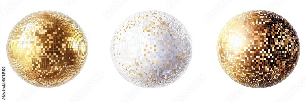 Shimmering white and gold glitter disco balls for festive design and decor Shimmering white and gold glitter disco balls for festive design and decor