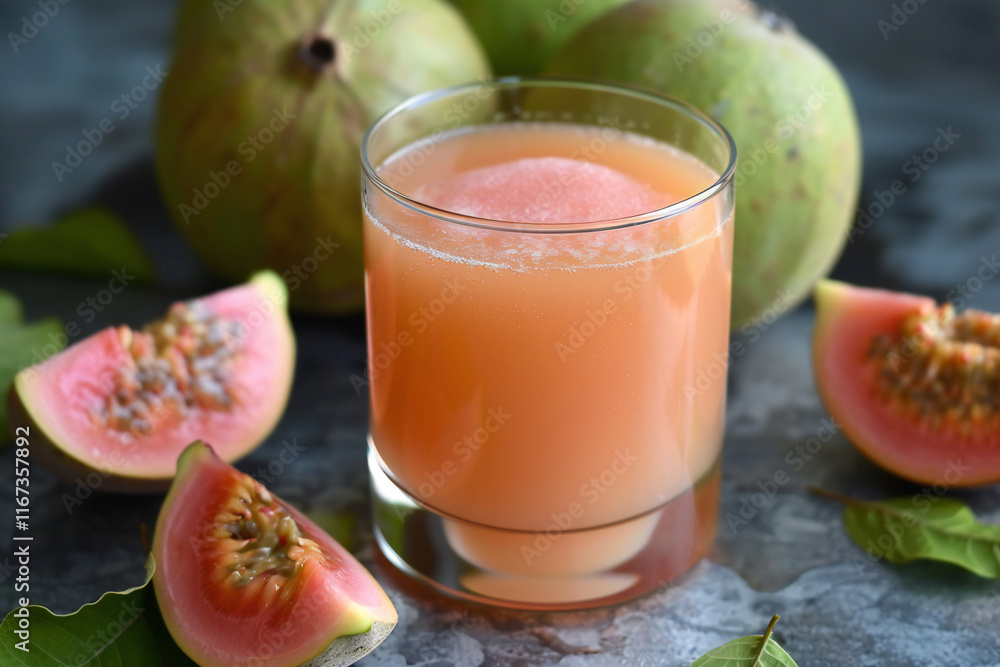 Refreshing Guava Juice in a Glass with Guava Slices and Straw, Tropical Beverage in a Beach Setting Refreshing Guava Juice in a Glass with Guava Slices and Straw, Tropical Beverage in a Beach Setting