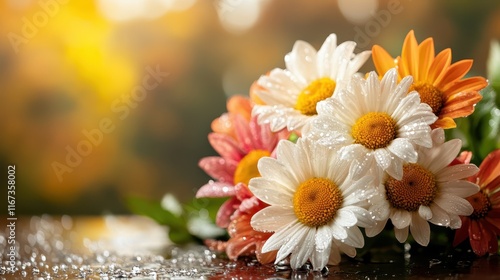 A beautiful bouquet of white and colorful flowers glistening with raindrops, symbolizing purity and the refreshing essence of nature's beauty. photo