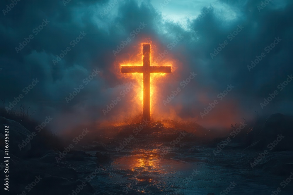 holy cross illuminated by ethereal light against a dramatic sky over golgotha hill capturing the profound themes of death and resurrection in a hauntingly beautiful apocalyptic scene holy cross illuminated by ethereal light against a dramatic sky over golgotha hill capturing the profound themes of death and resurrection in a hauntingly beautiful apocalyptic scene