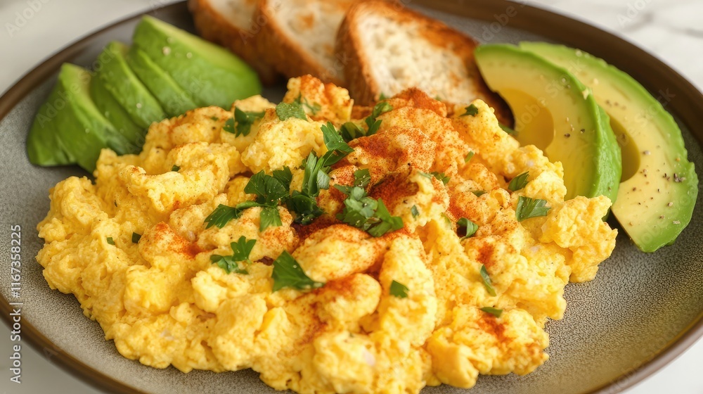 A plate of fluffy scrambled eggs with toast and avocado slices on the side A plate of fluffy scrambled eggs with toast and avocado slices on the side