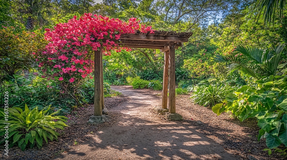 tropical garden featuring bougainvillea climbing up a trellis, surrounded by lush greenery, creating a vibrant and inviting outdoor space. Bougainvillea 