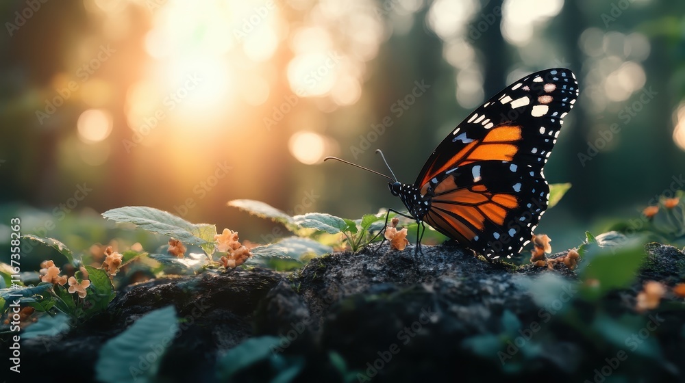 This enchanting image showcases a graceful monarch butterfly resting on blooming flowers, set against a dreamy sunset background that enhances its colors. This enchanting image showcases a graceful monarch butterfly resting on blooming flowers, set against a dreamy sunset background that enhances its colors.