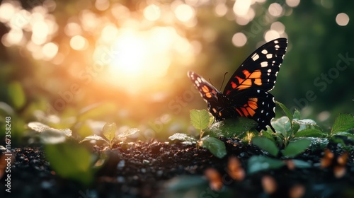 A stunning butterfly perched on greenery, illuminated by soft sunlight at sunset, capturing the delicate beauty and tranquility of nature in a serene setting. photo