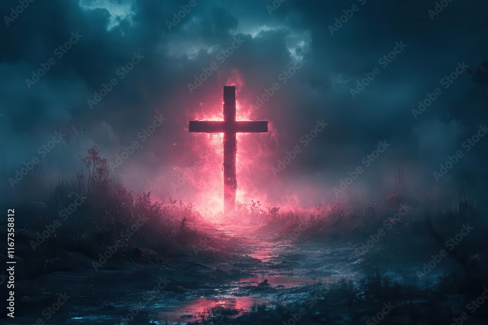 Fototapeta premium holy cross illuminated by ethereal light against a dramatic sky over golgotha hill capturing the profound themes of death and resurrection in a hauntingly beautiful apocalyptic scene