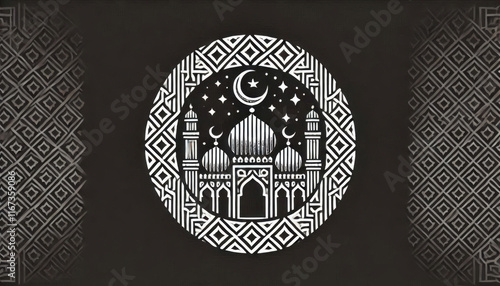 Mosque logo in black and white with geometric patterns, crescent moon, and stars, elegant simplicity. photo