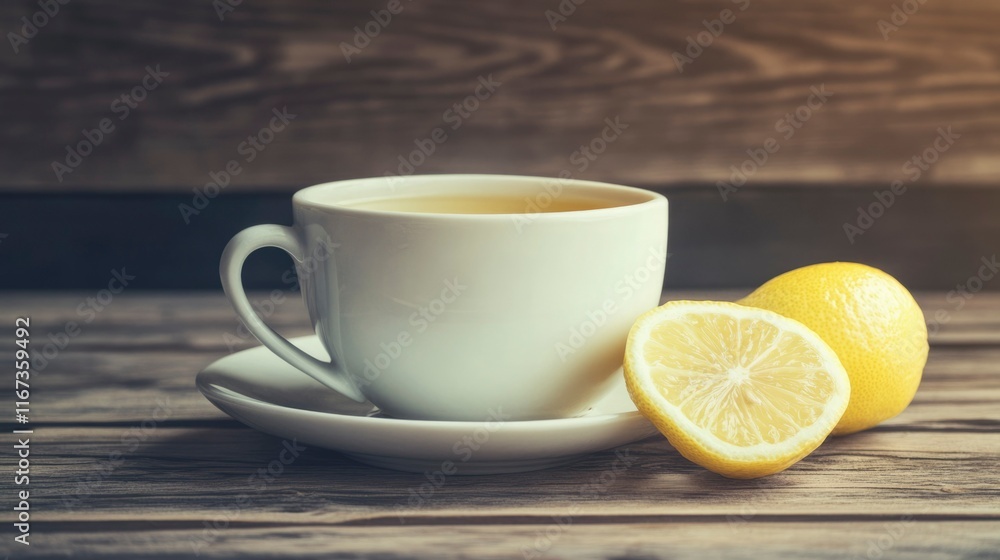 A White Cup of Tea with Lemon Slices on Wood A White Cup of Tea with Lemon Slices on Wood