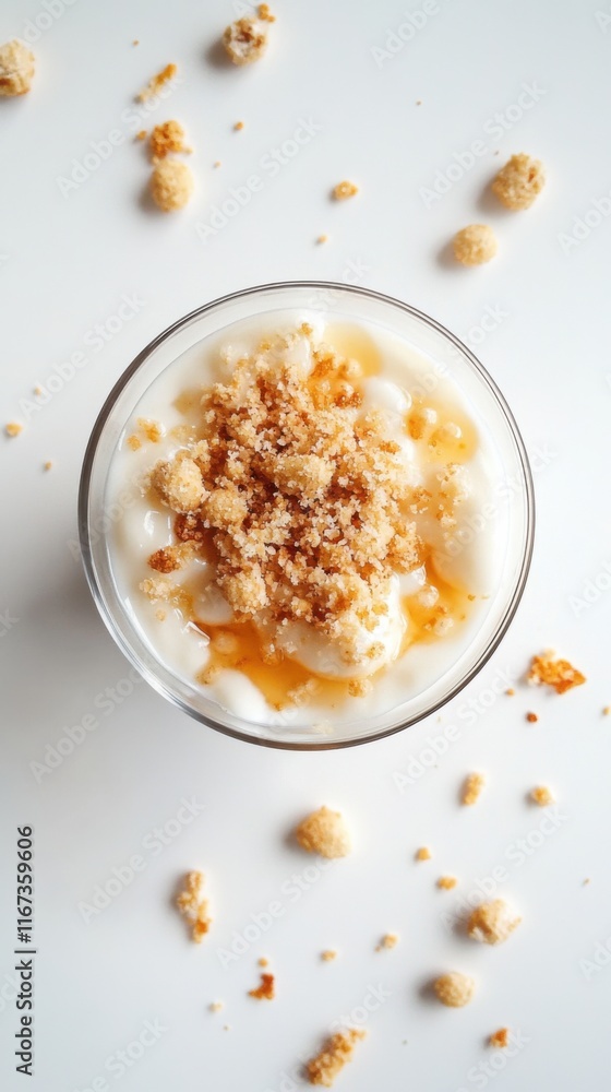 Sweet dessert delight: aerial view of creamy yogurt with crumb topping on clean white background