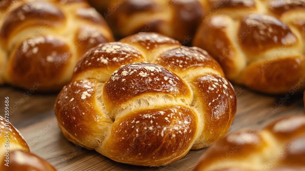 Freshly baked golden bread rolls placed on a wooden surface. Freshly baked golden bread rolls placed on a wooden surface.
