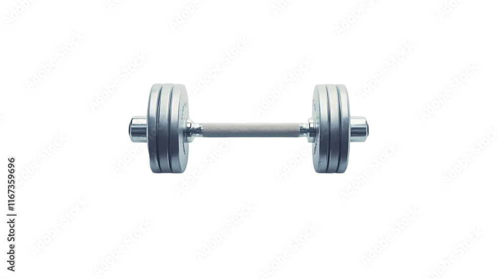 A silver dumbbell designed for strength training and fitness exercises. A silver dumbbell designed for strength training and fitness exercises.
