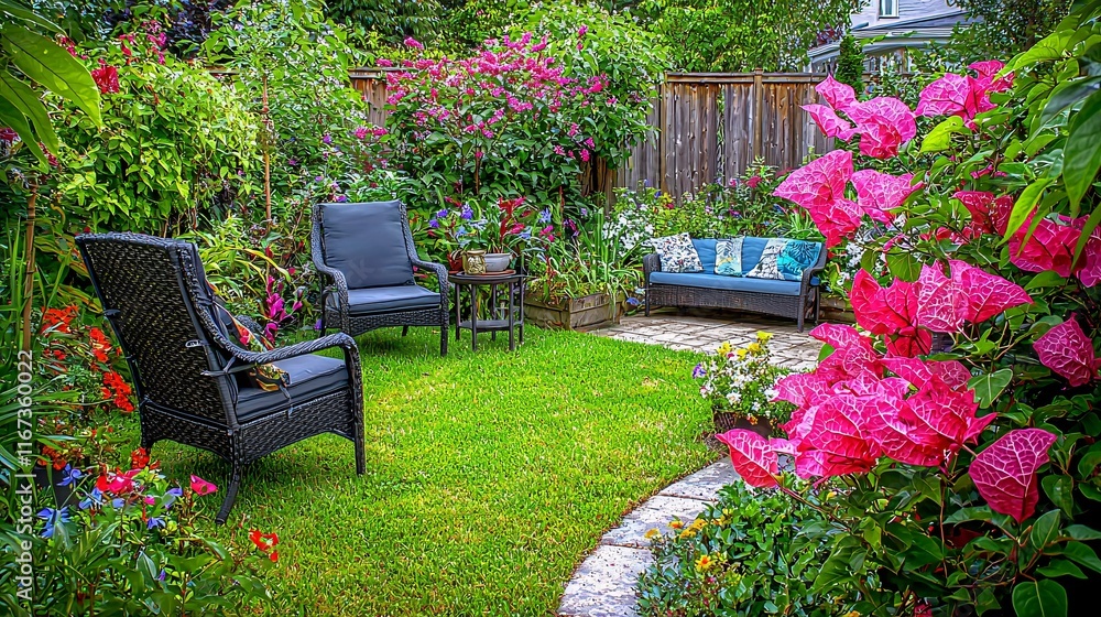 Naklejka premium luxurious tropical garden with bougainvillea flowers in full bloom, creating a stunning backdrop for a relaxing garden seating area. Bougainvillea 