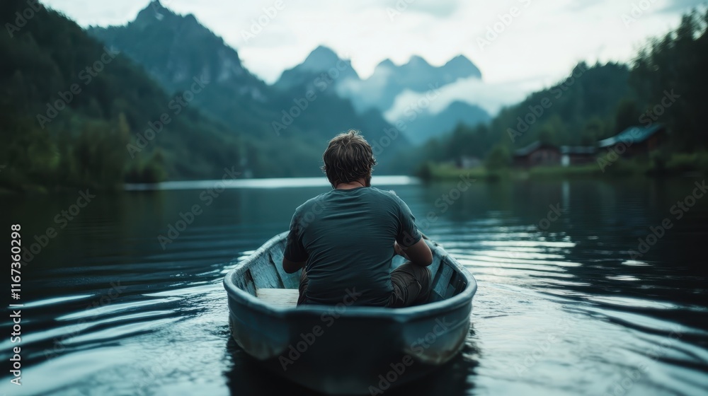 A calm rowing experience on still lake waters is depicted, with a person enjoying the tranquility of nature surrounded by magnificent mountain scenery under soft light. A calm rowing experience on still lake waters is depicted, with a person enjoying the tranquility of nature surrounded by magnificent mountain scenery under soft light.