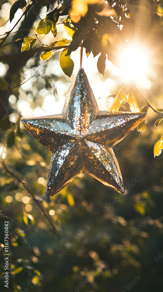 A glittering star-shaped piñata hangs from a tree, catching the sunlight and shimmering with metallic sparkles against a soft natural background A glittering star-shaped piñata hangs from a tree, catching the sunlight and shimmering with metallic sparkles against a soft natural background