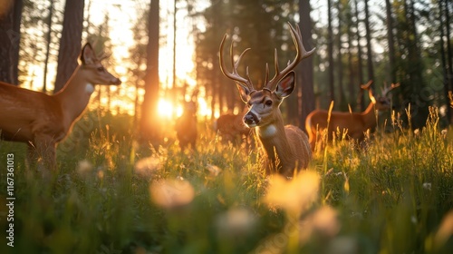 A captivating scene of a young deer standing amidst a group in a serene forest, illuminated by the warm glow of the setting sun in the background.