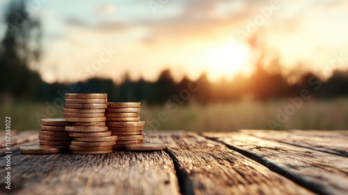 A carefully arranged stack of coins viewed against a vibrant sunset landscape, creating a stunning contrast that symbolizes wealth, stability, and the passing of time. photo