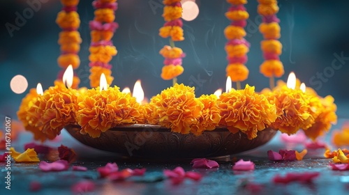 Marigold flower oil lamps, hanging garlands, festive background. photo