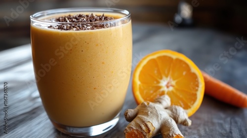 A smoothie made with ginger and orange, garnished with chocolate sprinkles, offers a delightful blend of flavors and health benefits in a stylish glass. photo