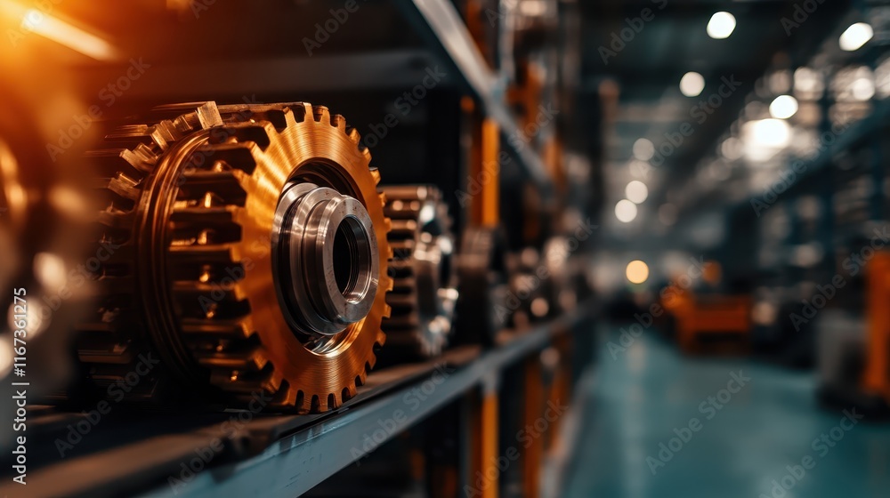 A detailed close-up of mechanical gears on a shelf in a factory, highlighting the precision and intricacy of industrial design and engineering in a well-organized environment. A detailed close-up of mechanical gears on a shelf in a factory, highlighting the precision and intricacy of industrial design and engineering in a well-organized environment.