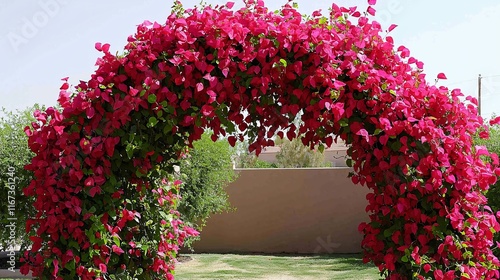 shot of bougainvillea arching over a garden entrance, emphasizing the vibrant display and welcoming feel. | Bougainvillea  photo