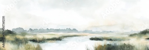 Tranquil marshland scene in vintage style for nature decor or art print