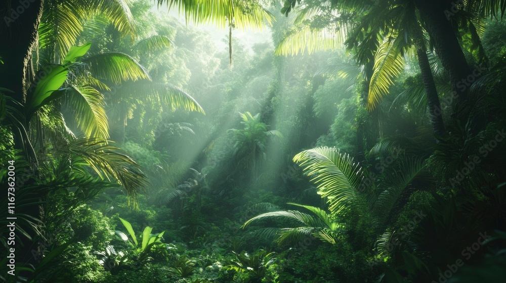 Lush Tropical Rainforest Sunlight Beams Through Canopy Lush Tropical Rainforest Sunlight Beams Through Canopy