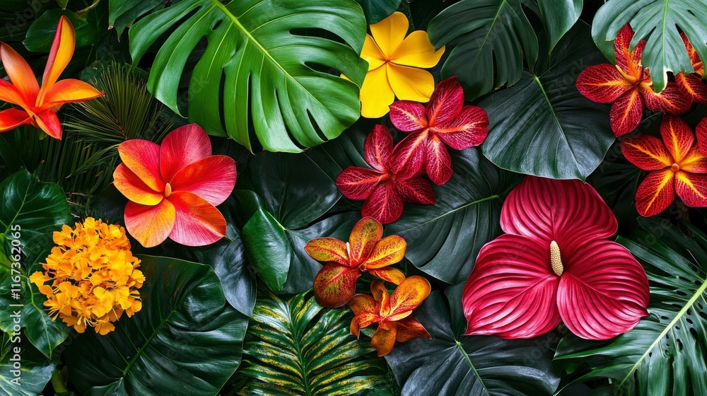 Fototapeta premium Vibrant Tropical Flowers and Lush Green Leaves