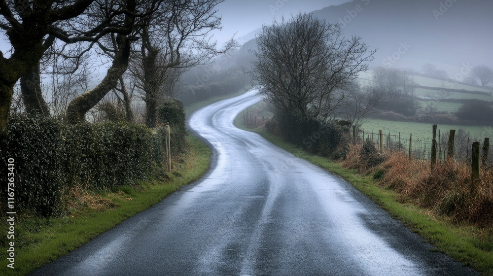 Fototapeta premium Winding Country Road In Misty Morning Landscape