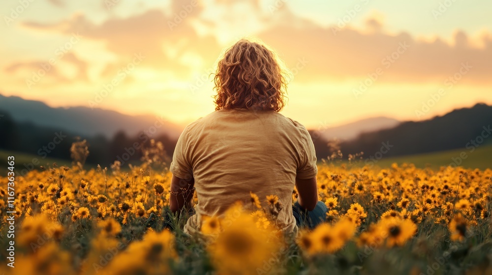 A breathtaking sunset view of a person sitting in a vibrant field of flowers, capturing the essence of peace, tranquility, and the beauty of nature at dusk. A breathtaking sunset view of a person sitting in a vibrant field of flowers, capturing the essence of peace, tranquility, and the beauty of nature at dusk.