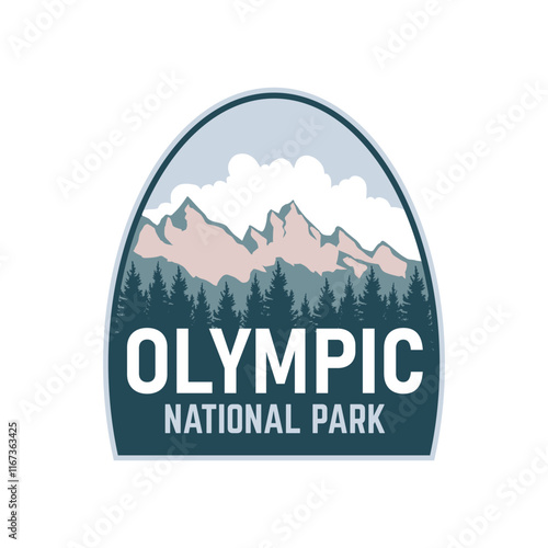 Olympic National park emblem badge patch logo design with mountain Cloud, pine tree, Mount Peak, natural landscape, vector illustration