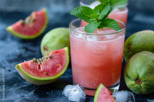 Wallpaper Mural Refreshing Guava Juice in a Glass with Guava Slices and Straw, Tropical Beverage in a Beach Setting Torontodigital.ca