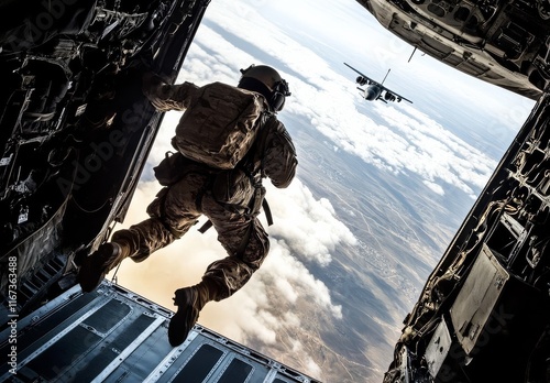 A brave airborne soldier leaps from a military aircraft.