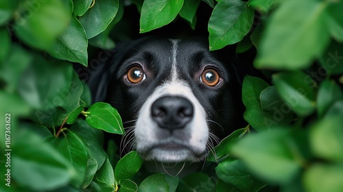 A charming dog peeks through vibrant green foliage, showcasing its expressive eyes, encapsulating curiosity and warmth amidst a lush natural environment. photo