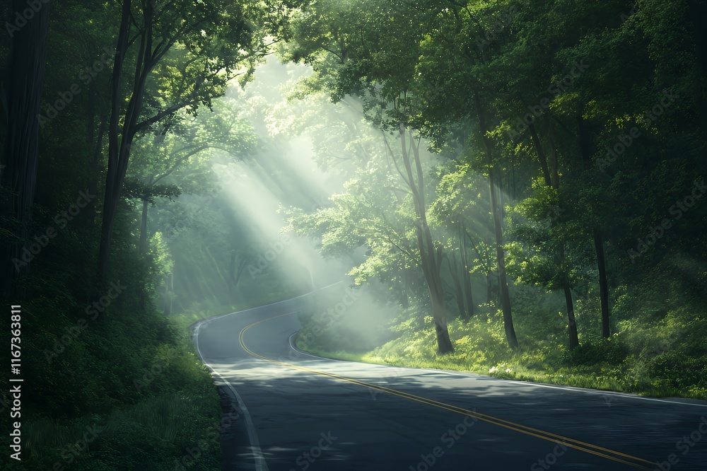 Fototapeta premium Sunlit Road Winding Through a Lush Green Forest