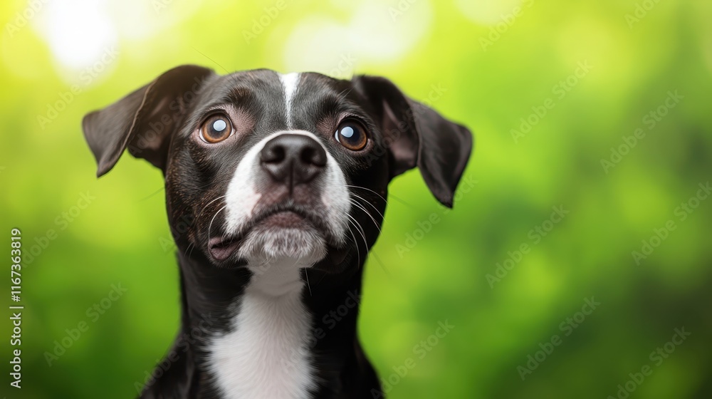 A striking black dog with a unique blue eye stands proud, its alert expression captured beautifully against a softly blurred bright green background, emphasizing its features. A striking black dog with a unique blue eye stands proud, its alert expression captured beautifully against a softly blurred bright green background, emphasizing its features.